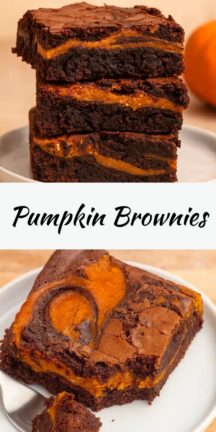 Fudgy pumpkin brownies with chocolate and pumpkin swirl on white plate