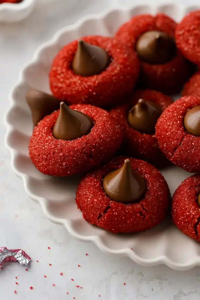 Red Velvet Blossoms Cookies – Easy, Festive & Delicious 18 Red Velvet Blossoms Cookies on a white plate with chocolate centers