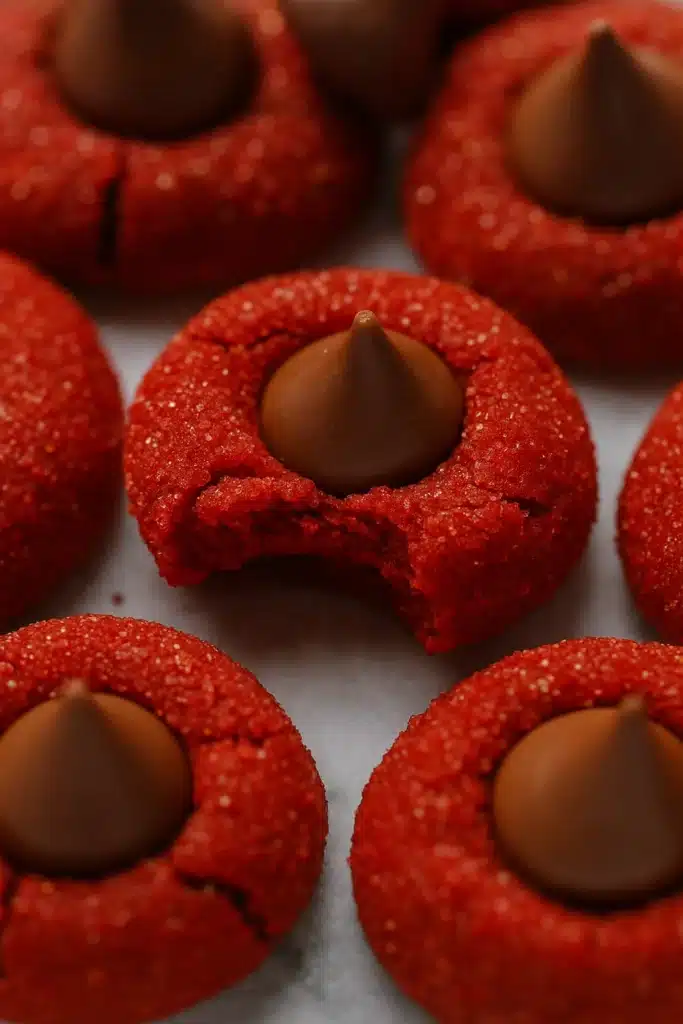 Red Velvet Blossoms Cookies – Easy, Festive & Delicious 17 Red Velvet Blossoms Cookies with a bite showing soft inside and chocolate center