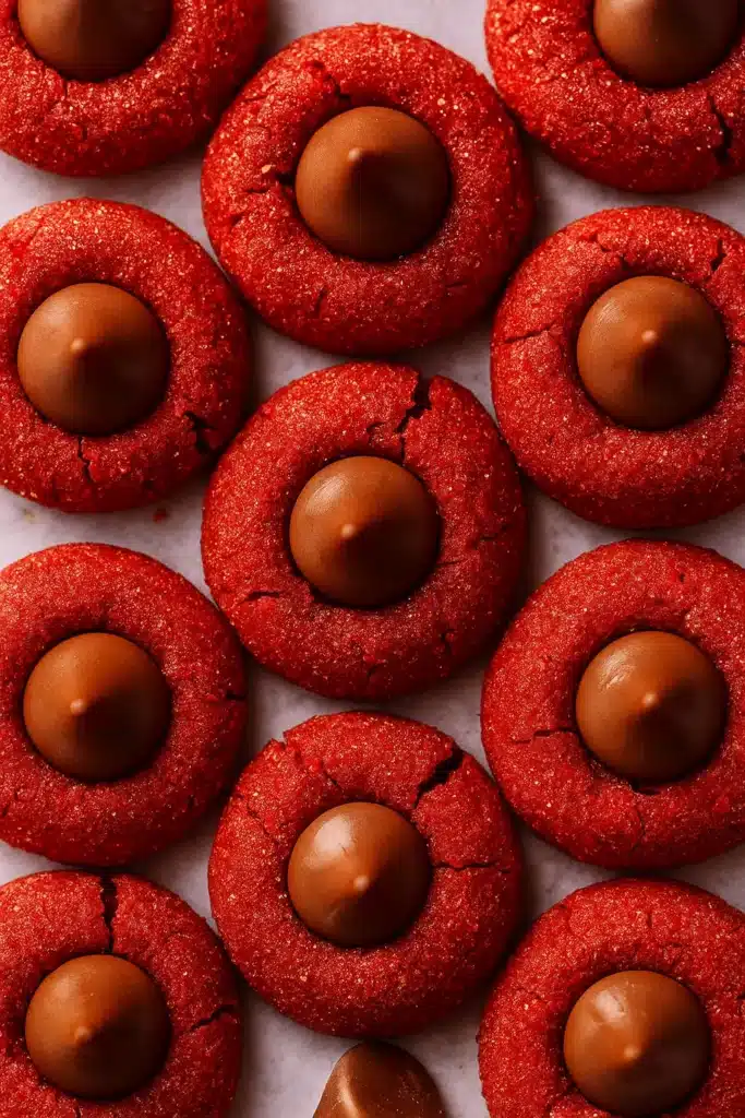 Red Velvet Blossoms Cookies – Easy, Festive & Delicious 15 Red Velvet Blossoms Cookies arranged on white-gray surface with chocolate centers