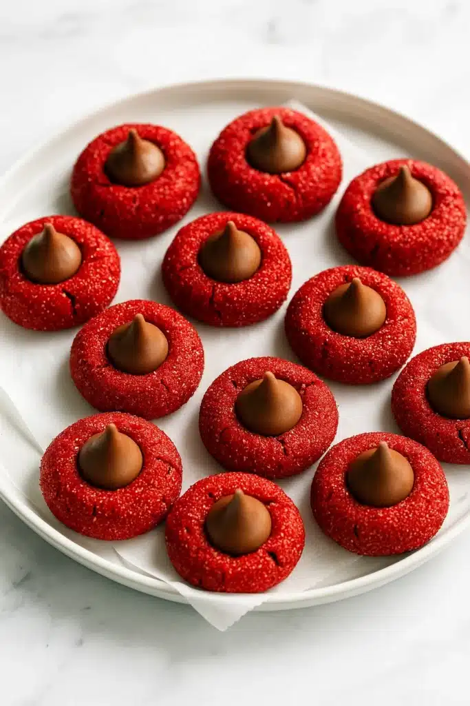 Red Velvet Blossoms Cookies – Easy, Festive & Delicious 22 Red Velvet Blossoms Cookies on a white plate on white-gray table