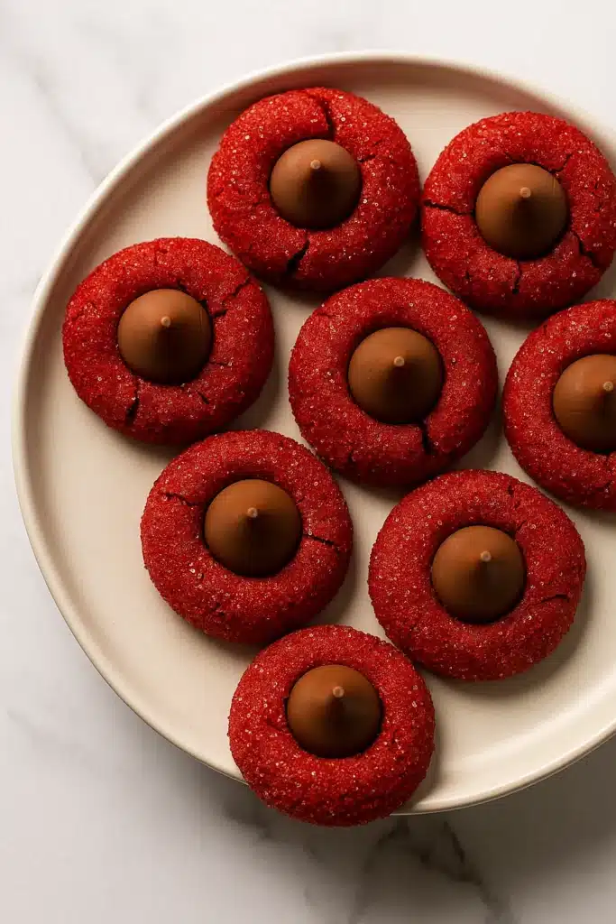 Red Velvet Blossoms Cookies on a white plate on white-gray table