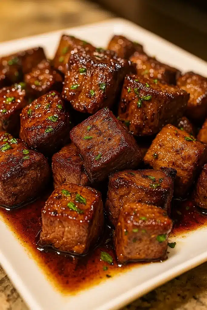 Roadhouse Steak Bites: Juicy & Quick Texas-Style Favorite 10 Juicy Roadhouse steak bites with parsley on a white plate