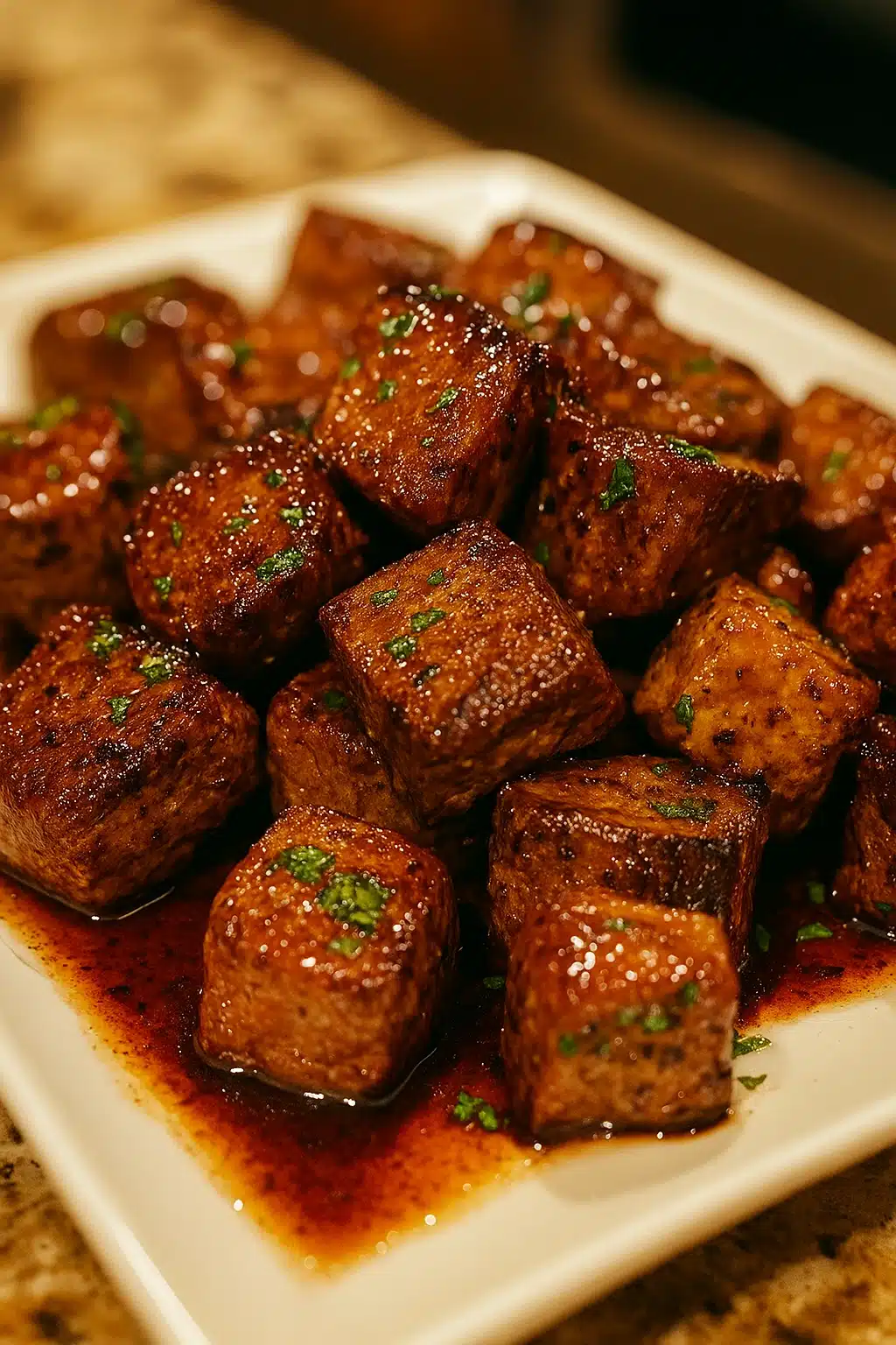 Juicy Roadhouse steak bites with parsley on a white plate