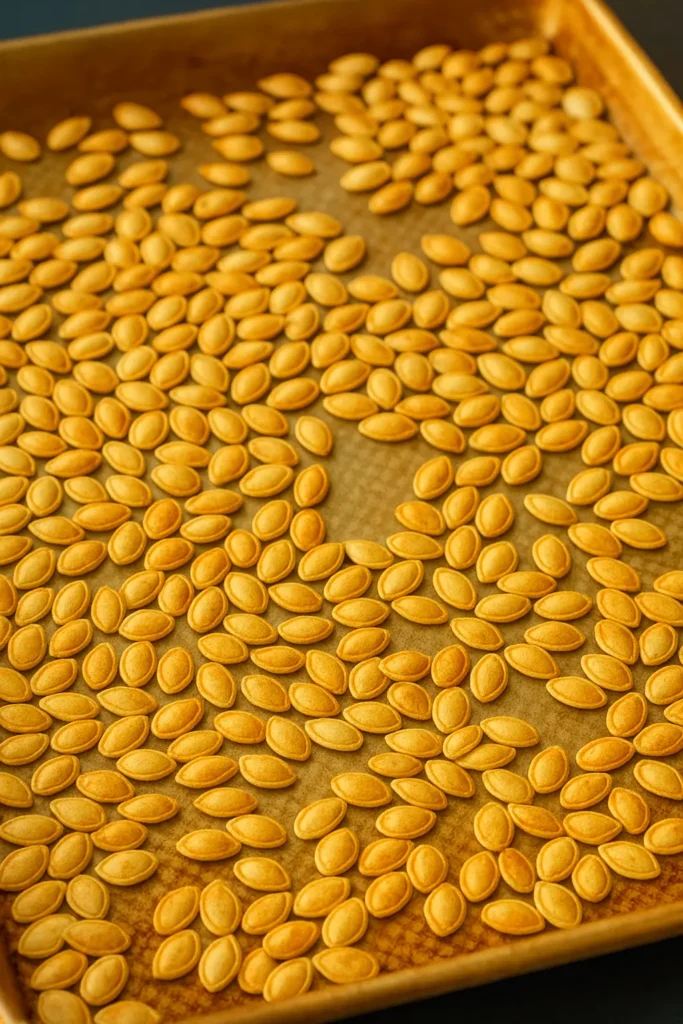 Golden roasted pumpkin seeds on baking sheet