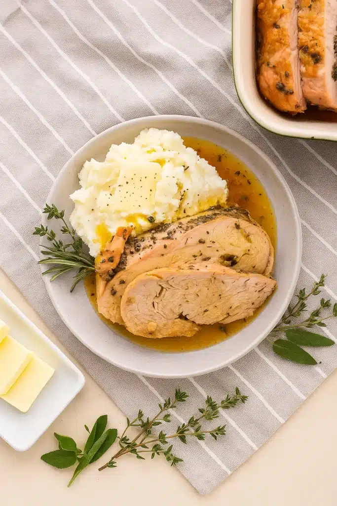 Roasted Turkey Breast Recipe | Juicy & Amazing Flavor 8 Top view of roasted turkey breast with mashed potatoes and butter on gray plate