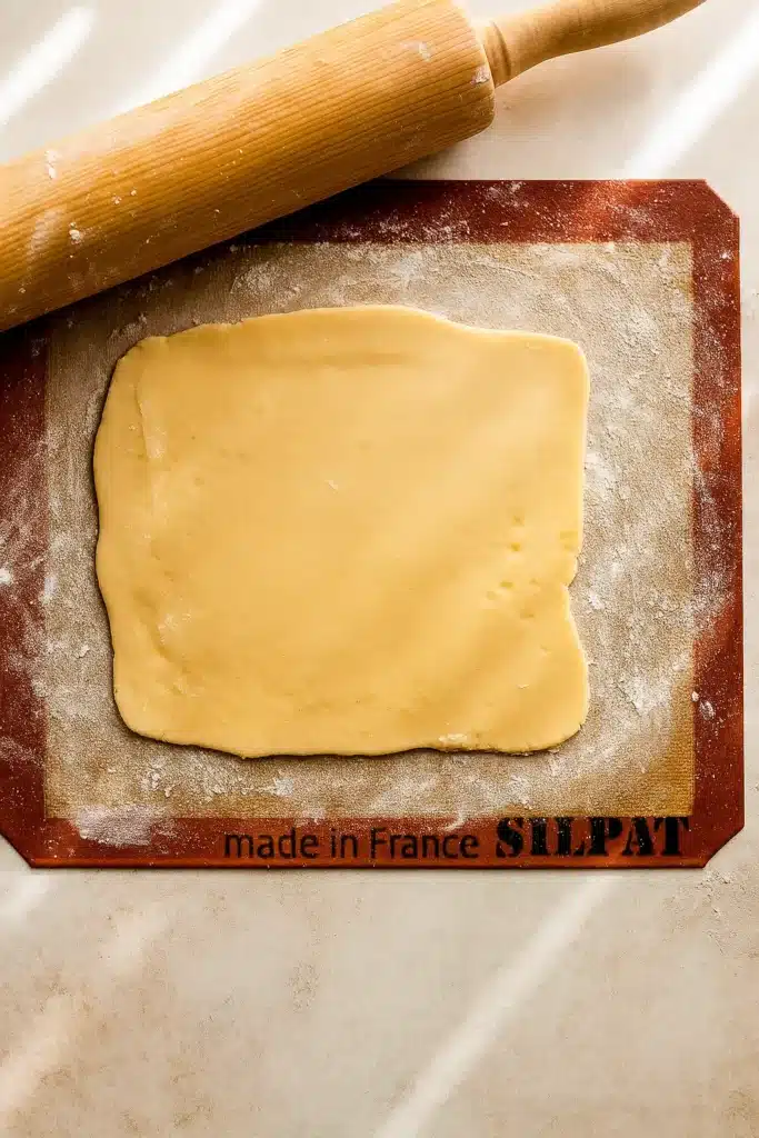 Rolled-out cinnamon roll cookie dough with wooden rolling pin on baking mat