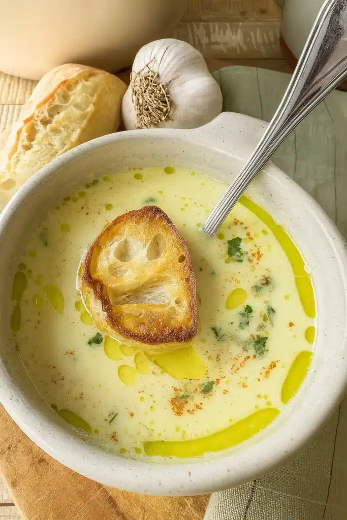 Bowl of French garlic soup with toasted bread and herbs