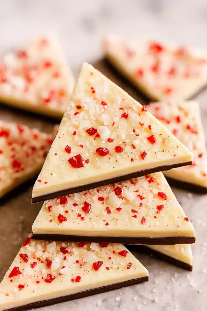 Close-up of salted peppermint bark with crushed peppermint on white and dark chocolate