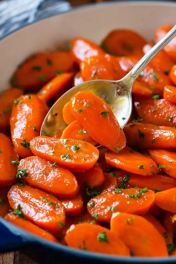 Glazed Carrots Recipe | Simple & Delicious Holiday Side 7 Spoon serving glossy glazed carrots with butter and parsley