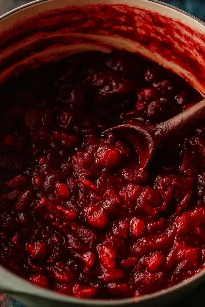 Thick honey bourbon cranberry sauce simmering in a pot with wooden spoon