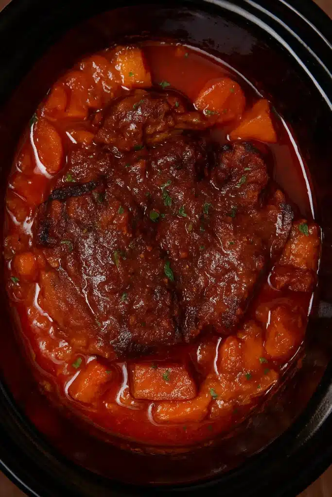 Slow Cooker Caribbean Pot Roast | Ultimate Comfort Meal 14 Slow cooker Caribbean pot roast in glossy tomato-orange gravy