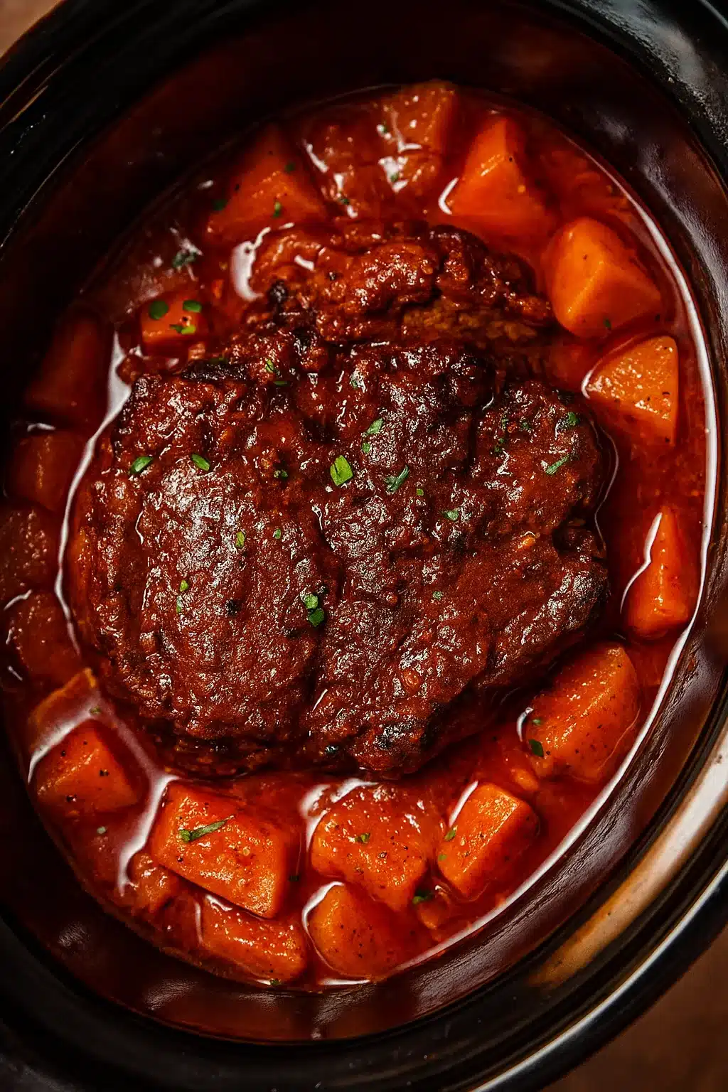 Slow cooker Caribbean pot roast with vegetables in rich red gravy