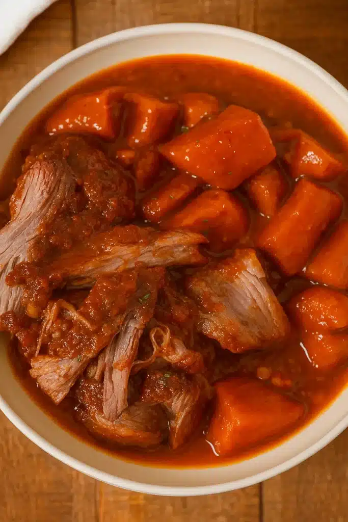 Slow Cooker Caribbean Pot Roast with sweet potatoes in rich tomato-orange gravy