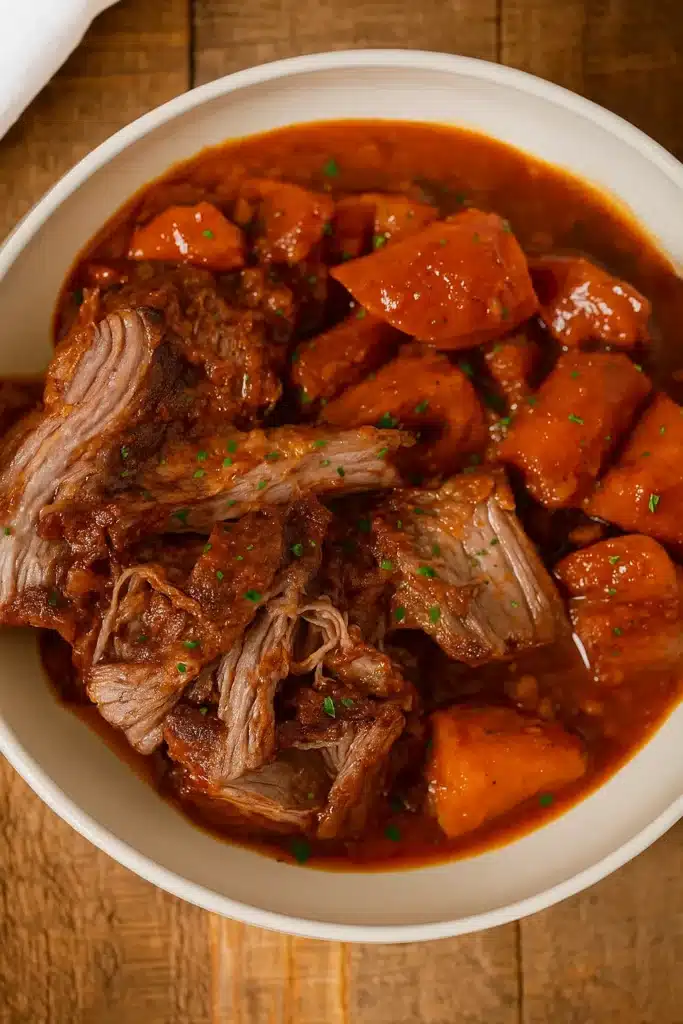 Slow Cooker Caribbean Pot Roast | Ultimate Comfort Meal 17 Slow Cooker Caribbean Pot Roast with sweet potatoes in rich tomato-orange gravy