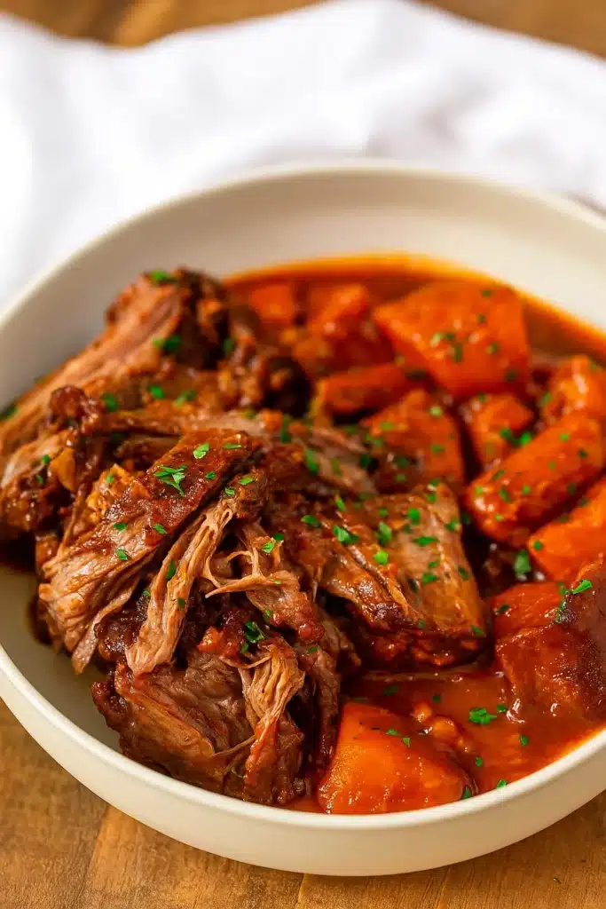 Slow Cooker Caribbean Pot Roast | Ultimate Comfort Meal 13 Slow Cooker Caribbean Pot Roast served with sweet potatoes in tomato gravy