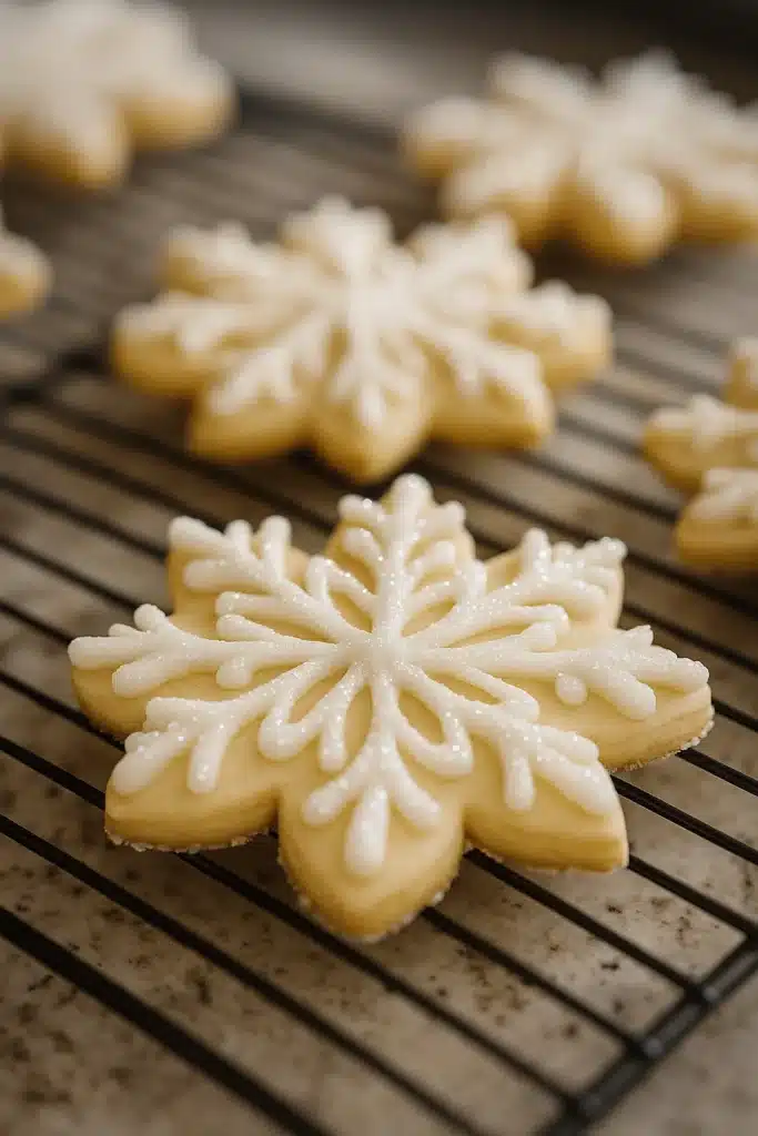 Christmas Cookies – Easy, Festive & Amazing Treats 8 Christmas cookies snowflake-shaped with white icing on cooling rack