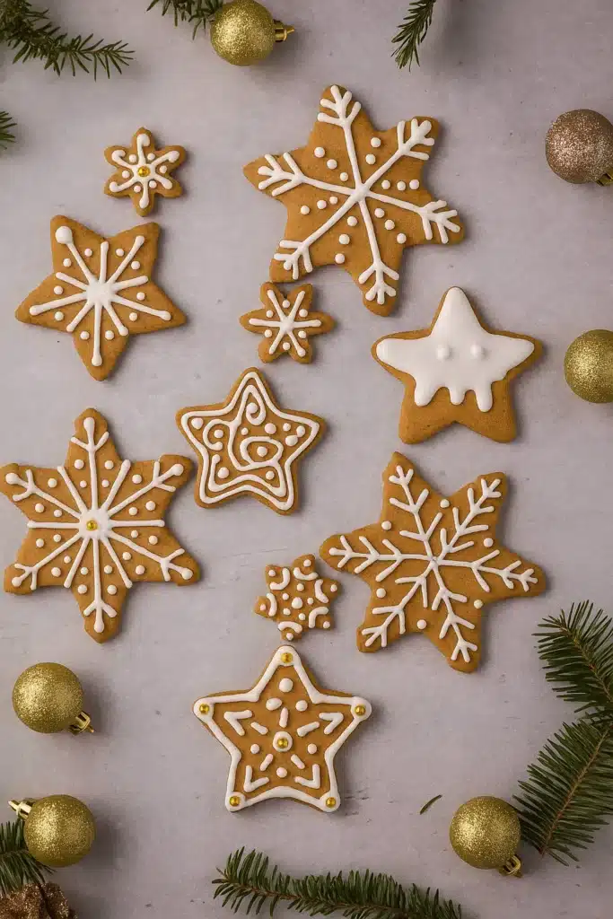 Easy Gingerbread Cookies | Crispy, Festive & Fun to Make 14 Easy Gingerbread Cookies decorated as snowflakes and stars