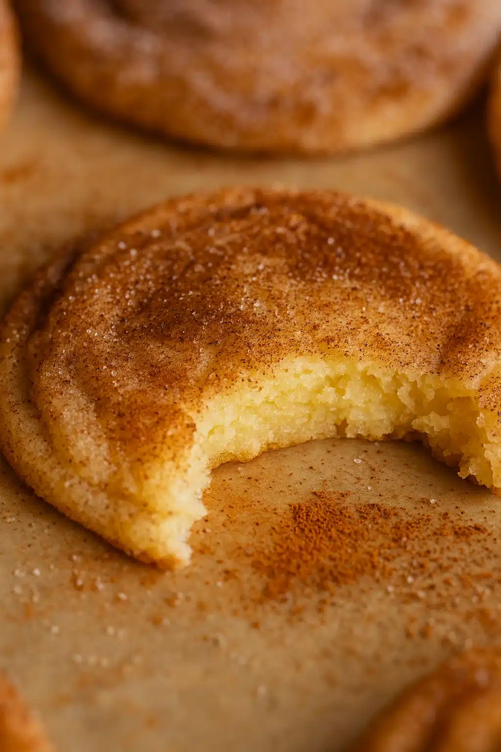 Snickerdoodle Recipe showing soft chewy cookie with cinnamon sugar and a bite taken out