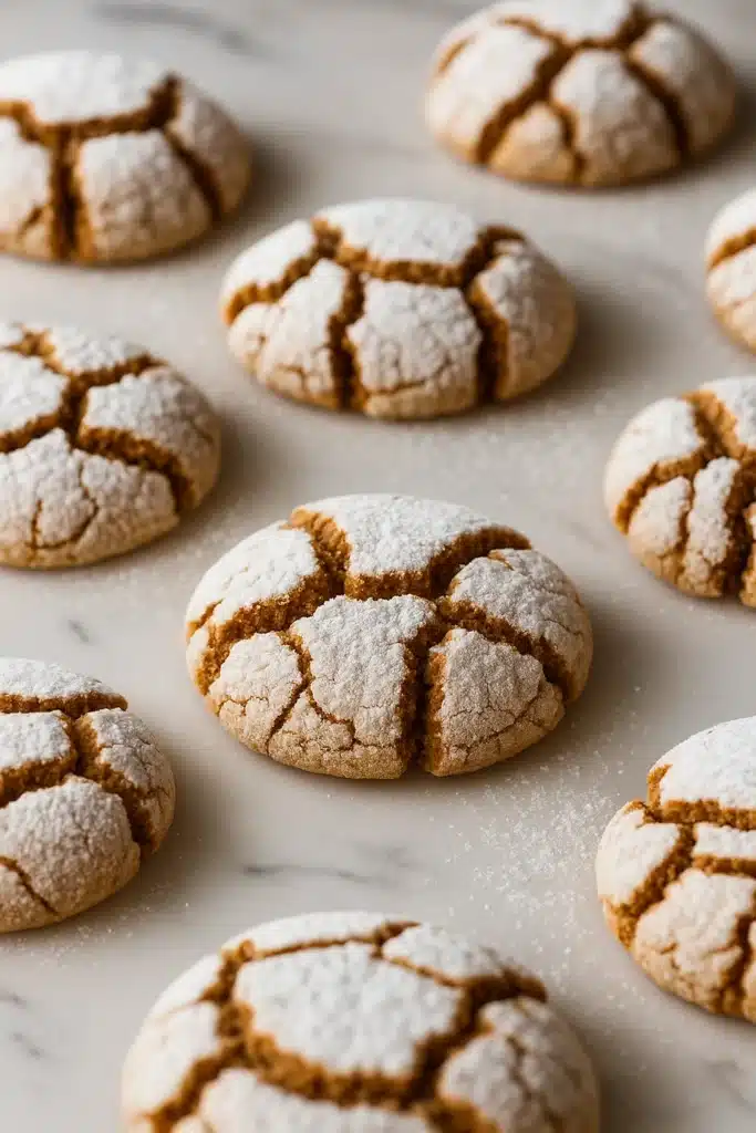 Crinkle Cookies – Soft, Spiced & Absolutely Delicious 10 Soft gingerbread crinkle cookies with powdered sugar on beige surface