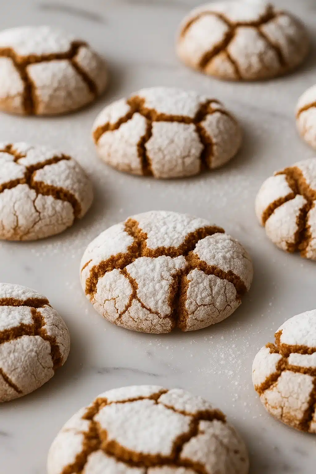 Soft gingerbread crinkle cookies with powdered sugar on beige surface