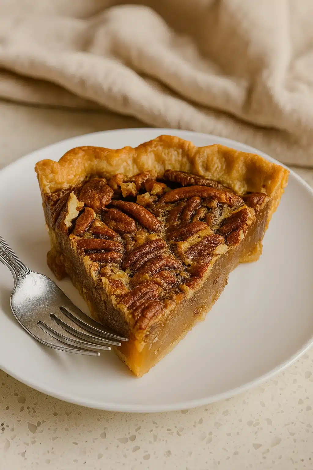 Slice of Southern pecan pie on a white plate with caramel filling