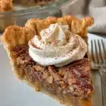 Slice of Southern pecan pie topped with whipped cream and cinnamon