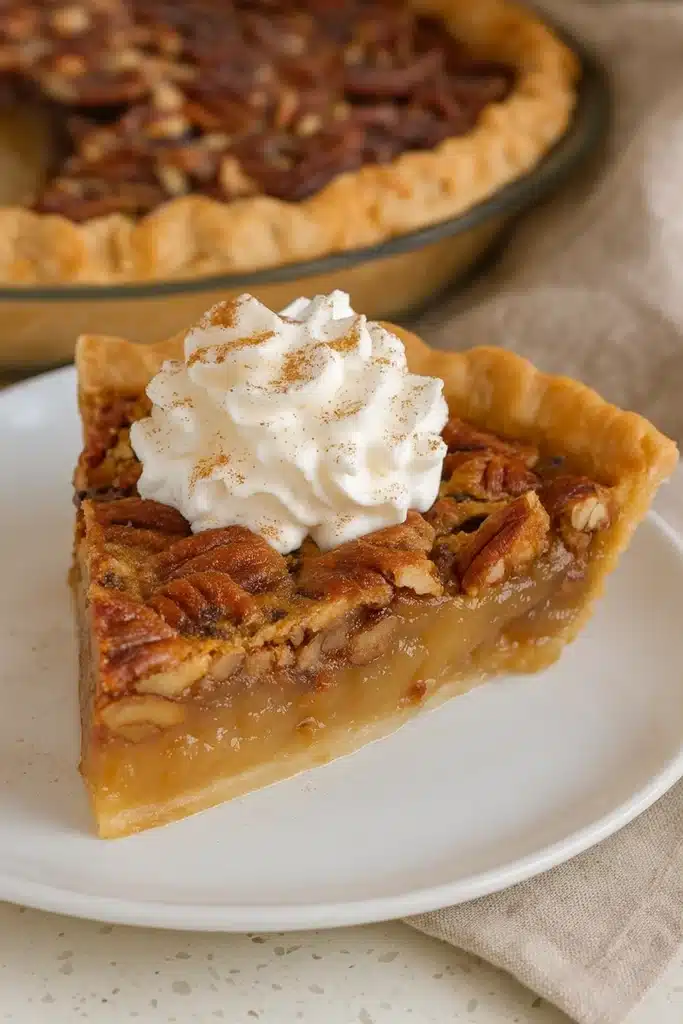 Slice of Southern pecan pie with whipped cream on a white plate