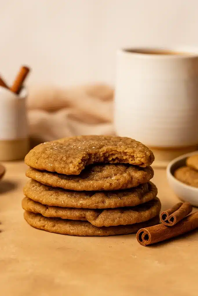 Chai Cookies – Soft, Chewy & Amazingly Spiced 9 Stack of chai cookies with a bite and cinnamon sticks on beige surface