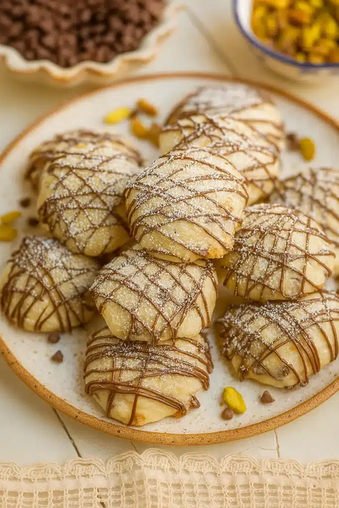 Cannoli Cookies: Soft, Sweet Italian-Inspired Christmas Treats 9 Stack of cannoli cookies drizzled with chocolate and dusted with powdered sugar