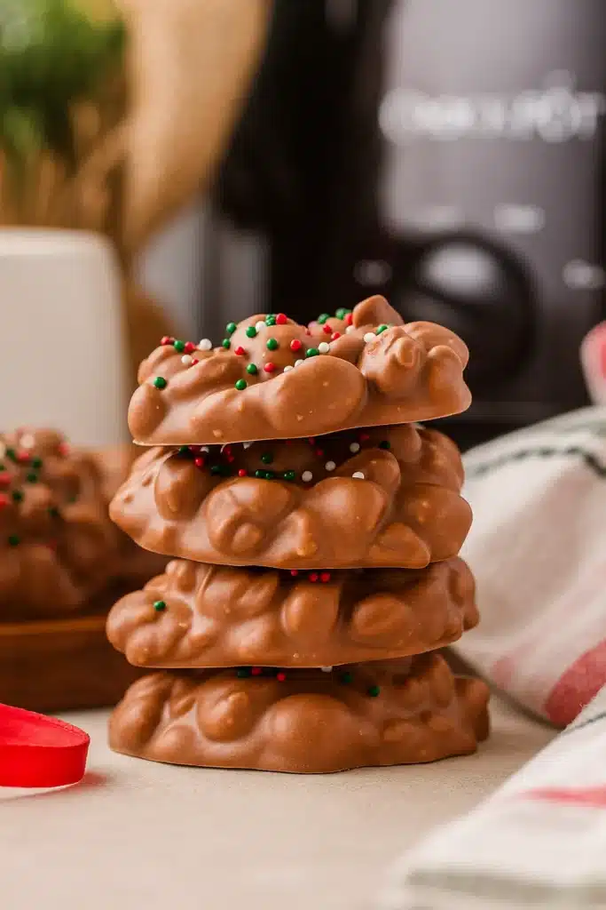 Stacked Christmas crock pot candy peanut clusters with holiday sprinkles
