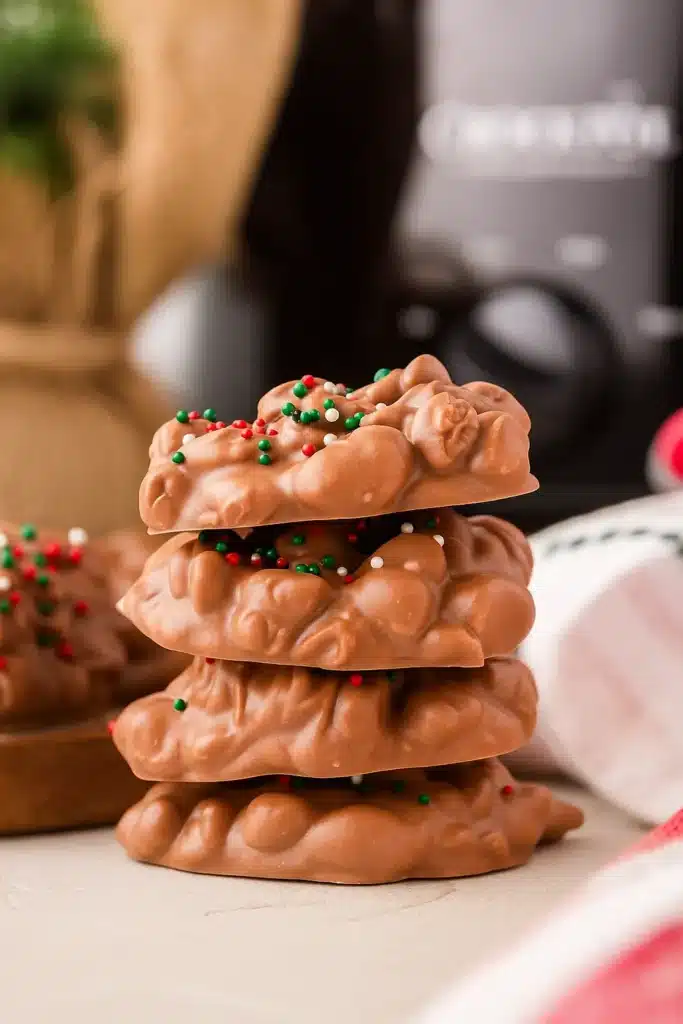 Stacked Christmas crock pot candy peanut clusters with holiday sprinkles