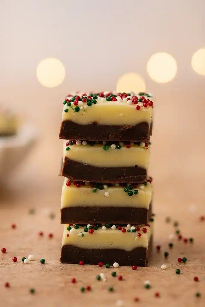 The Best Christmas Fudge | Simple, Festive & Delicious 23 The Best Christmas Fudge Recipe stacked with holiday sprinkles and festive lights