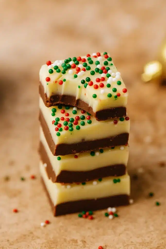 The Best Christmas Fudge | Simple, Festive & Delicious 21 The Best Christmas Fudge Recipe stack with chocolate layers and holiday sprinkles