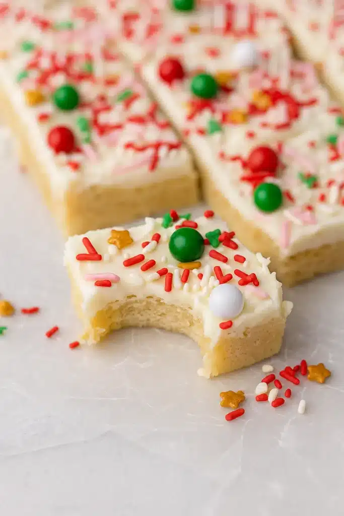Christmas Sugar Cookie Bars – Soft, Sweet & Irresistible 13 Stack of Christmas sugar cookie bars with frosting and sprinkles