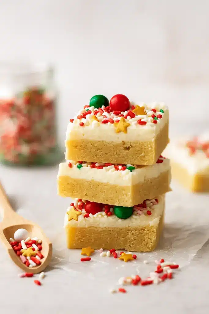 Stack of Christmas sugar cookie bars with frosting and festive sprinkles