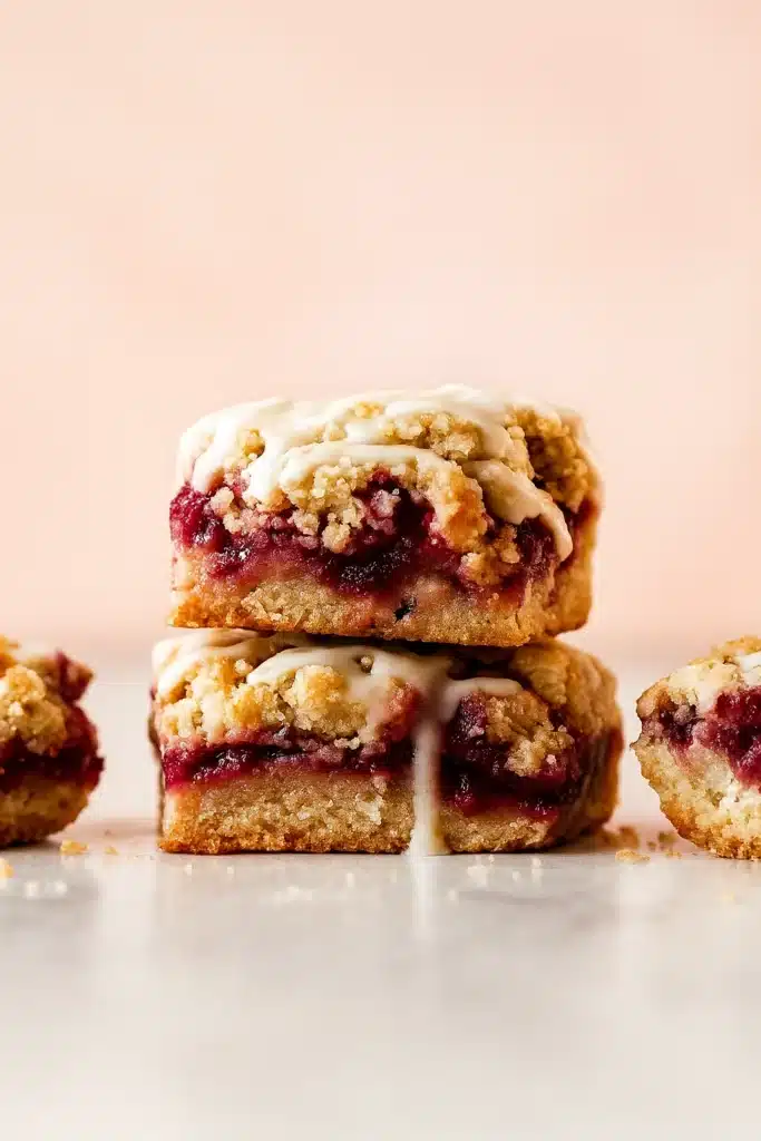 Cranberry Bars stacked showing buttery crust and cranberry filling