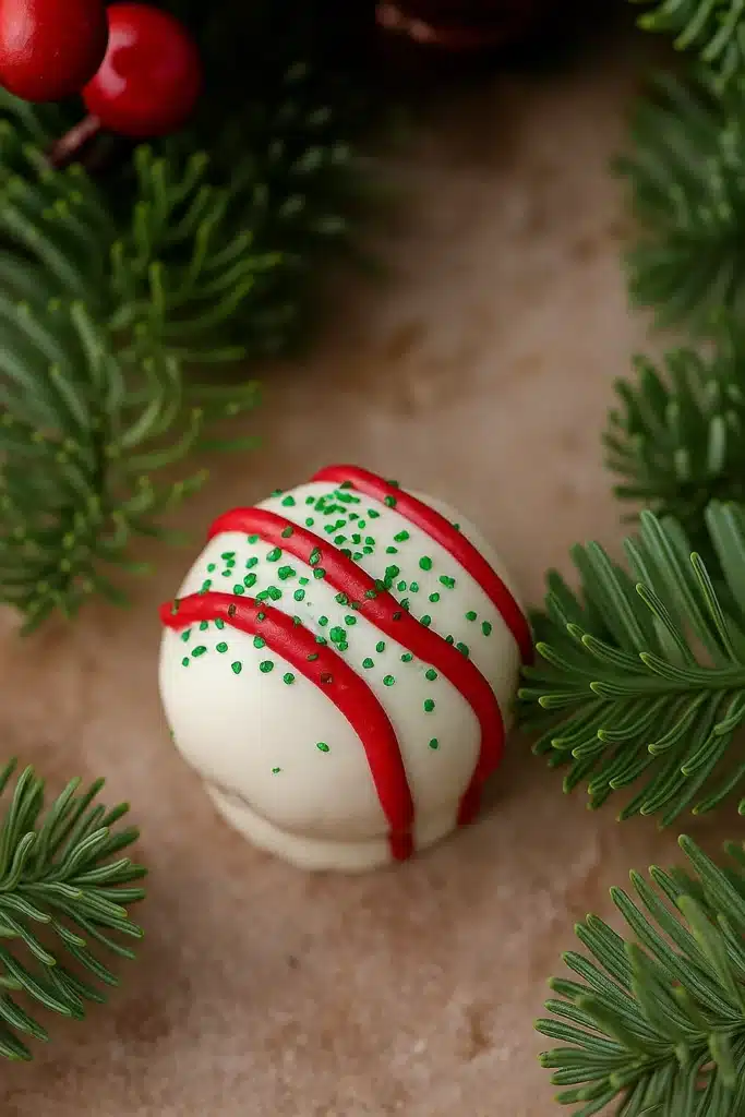 Amazing Little Debbie Christmas Tree Cake Truffles Recipe 11 The Best Little Debbie Christmas Tree Cake Truffle close-up with red drizzle and green sprinkles