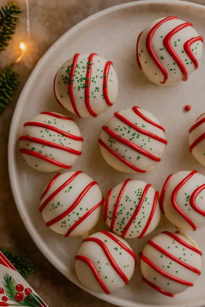 Amazing Little Debbie Christmas Tree Cake Truffles Recipe 10 The Best Little Debbie Christmas Tree Cake Truffles on a white plate with red drizzle and green sprinkles