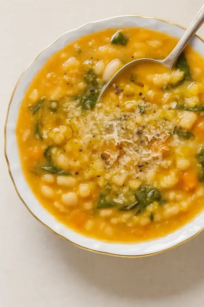 The Best White Bean Soup | Amazing Comfort Recipe 8 The Best White Bean Soup topped with parmesan and black pepper on a white-gray table
