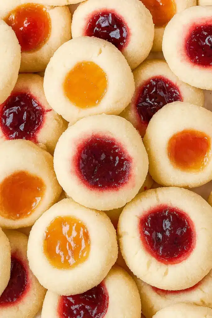 Close-up of thumbprint cookies with raspberry and apricot jam
