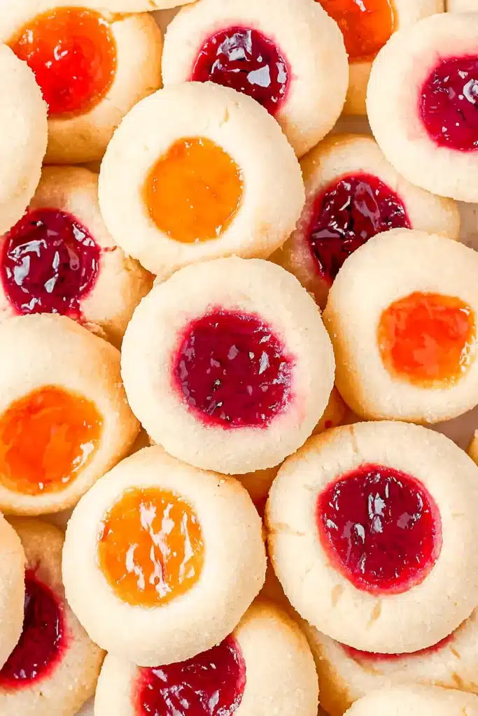 Close-up of thumbprint cookies with raspberry and apricot jam