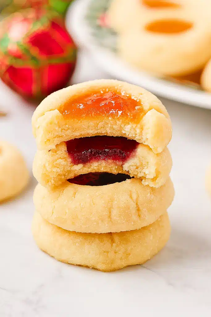 Stack of thumbprint cookies with jam, one with a bite taken