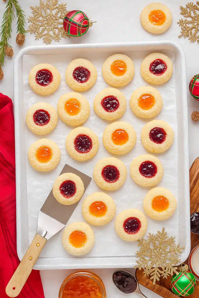 Thumbprint cookies on baking tray with raspberry and apricot jam