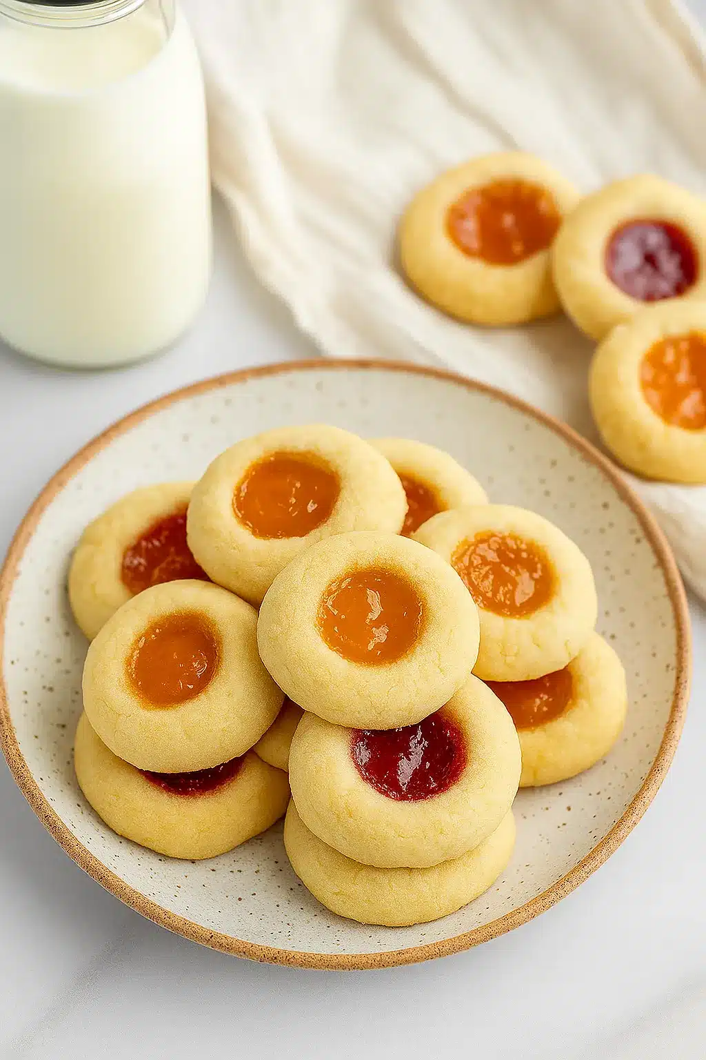 home 8 Thumbprint cookies with jam on white plate on white-gray table