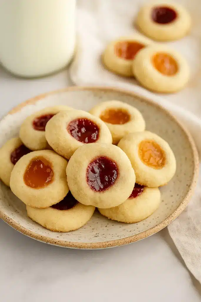 Thumbprint Cookies – Simple, Delicious, and Irresistible 13 Thumbprint cookies with jam on white speckled plate beside milk