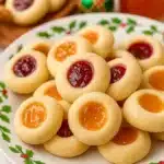 Christmas thumbprint cookies with jam centers on a festive plate