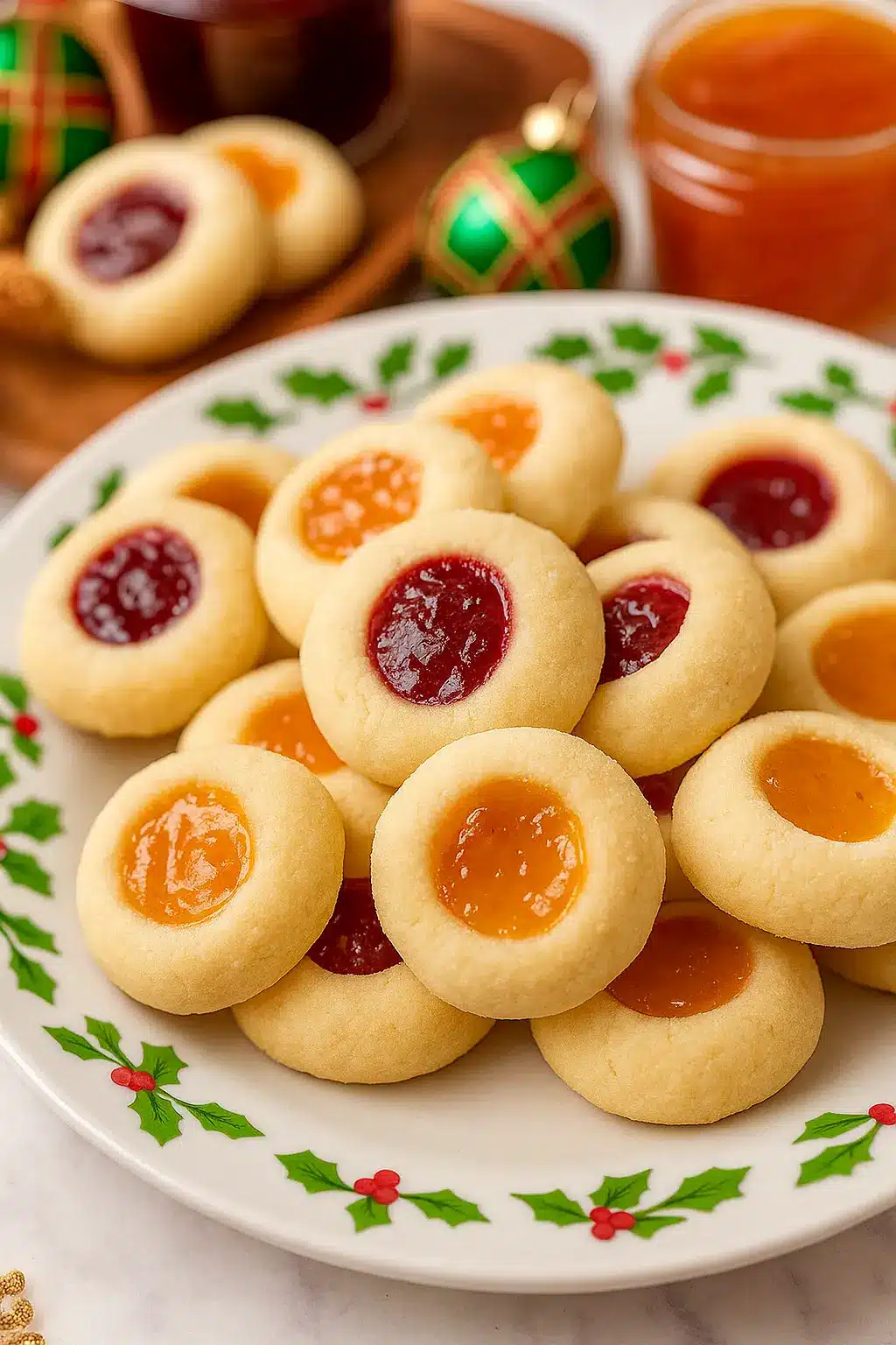 Christmas thumbprint cookies with jam centers on a festive plate