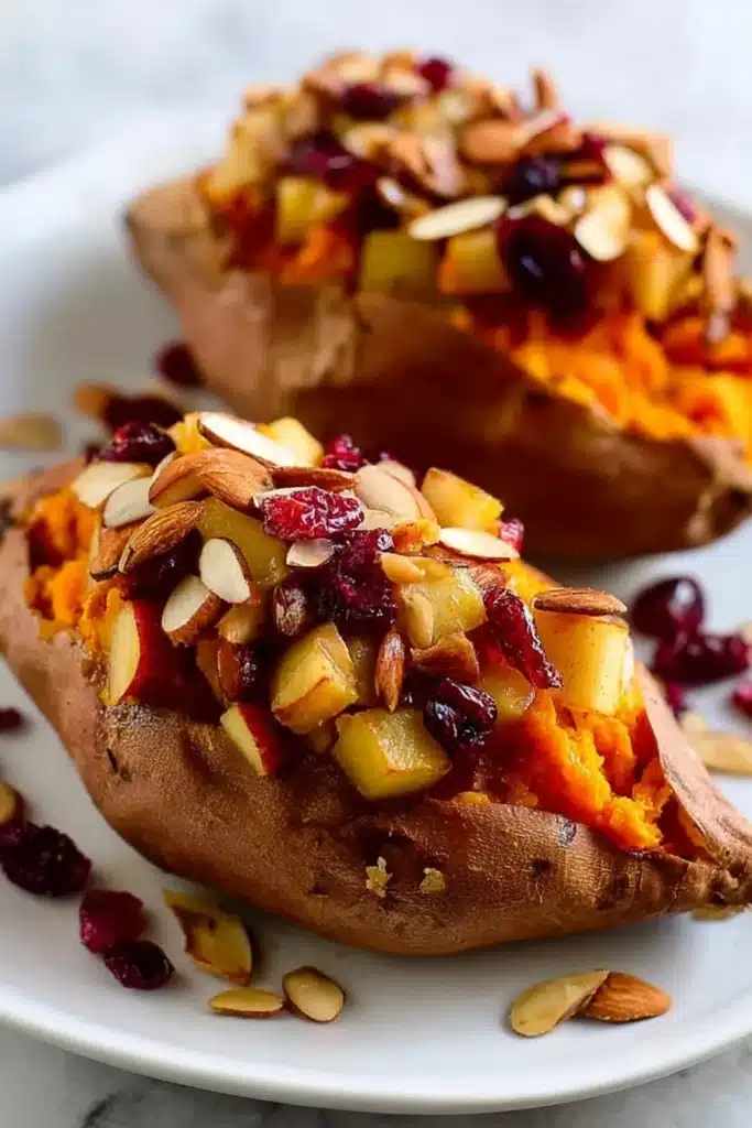 Cranberry Apple Twice-Baked Sweet Potatoes | Irresistible Holiday Side 16 Cranberry Apple Twice-Baked Sweet Potatoes with almond topping.