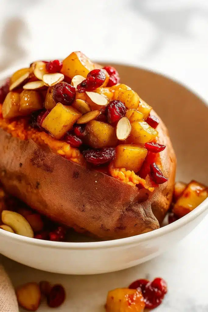 Cranberry Apple Twice-Baked Sweet Potatoes | Irresistible Holiday Side 14 Cranberry Apple Twice-Baked Sweet Potato with almond topping in a cozy bowl.